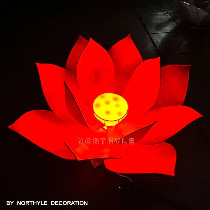 Red satin LED lotus lantern light 100cm outdoor park decoration waterproof